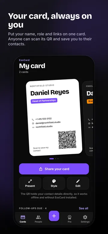 EssCard business card with QR code, share and edit actions