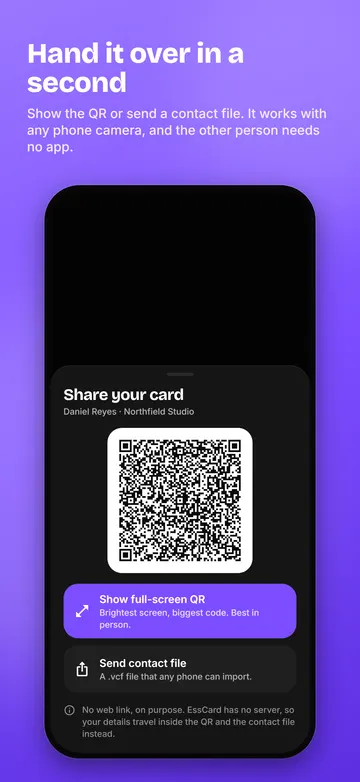 Share sheet with full-screen QR and contact file options