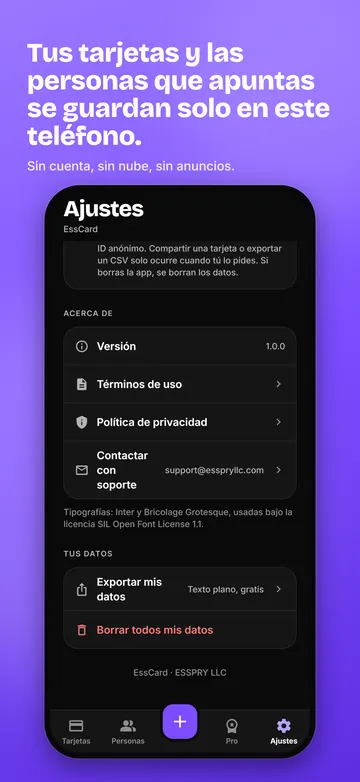 EssCard: Ajustes y nota de privacidad