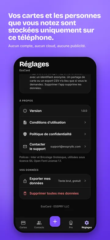 EssCard: Réglages et note de confidentialité