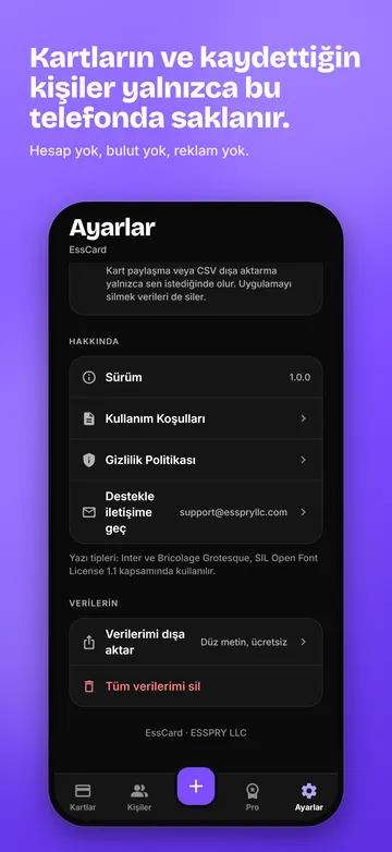 EssCard: Ayarlar ve gizlilik notu