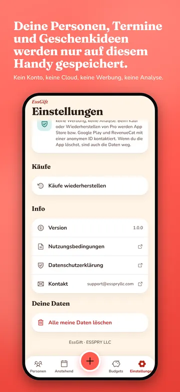 EssGift: Einstellungen und Datenschutzhinweis