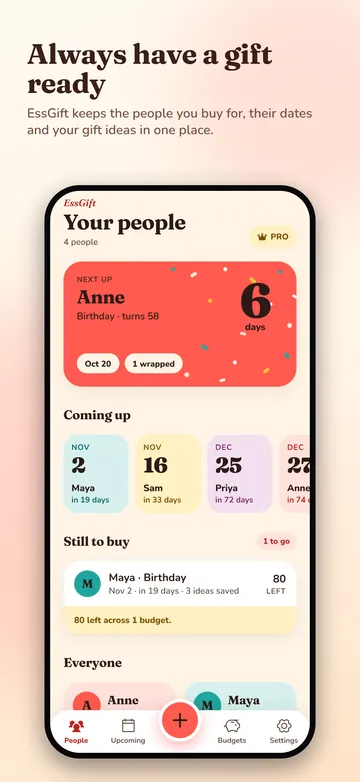 EssGift people list with a countdown to the next date and gifts still to buy