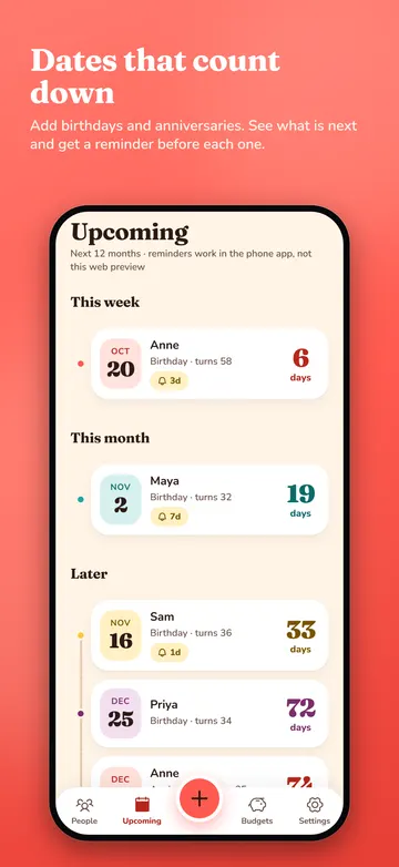 Upcoming dates grouped by this week, this month and later