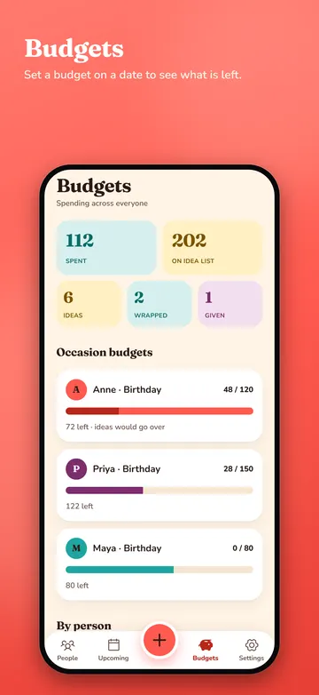 Budgets per occasion with what is left