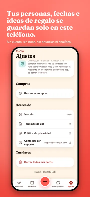 EssGift: Ajustes y nota de privacidad