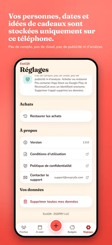 EssGift: Réglages et note de confidentialité