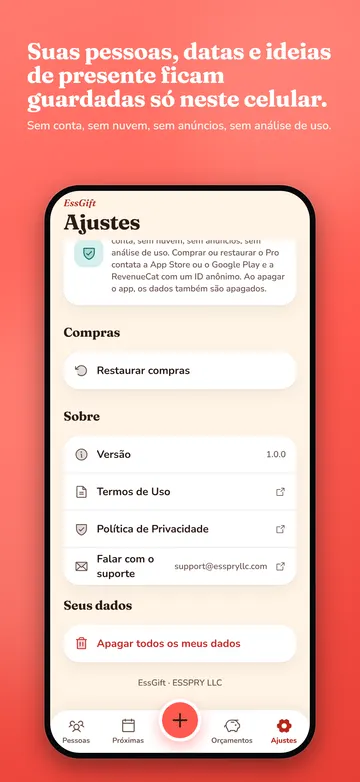 EssGift: Configurações e nota de privacidade