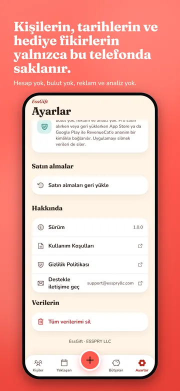 EssGift: Ayarlar ve gizlilik notu