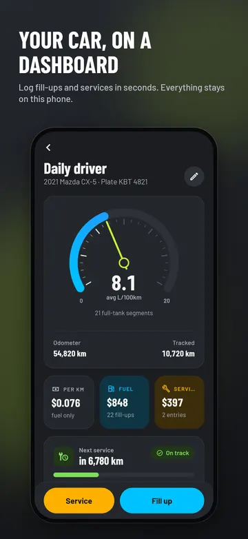 EssMile vehicle screen with a fuel economy gauge and odometer