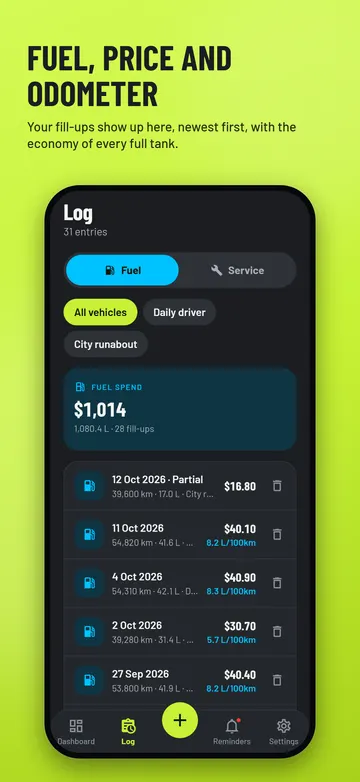 Fuel log with fill-ups, newest first