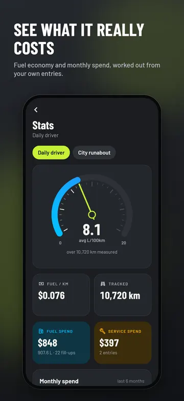 Stats with fuel cost per distance, fuel spend and service spend