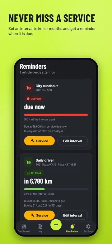 Service reminders with a progress bar for each vehicle