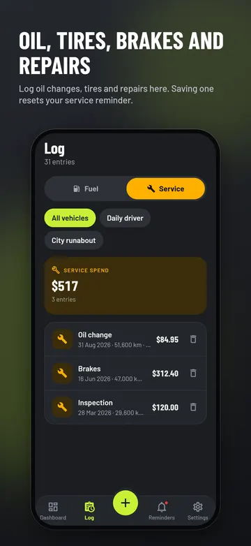 Service log with oil change, brakes and inspection entries