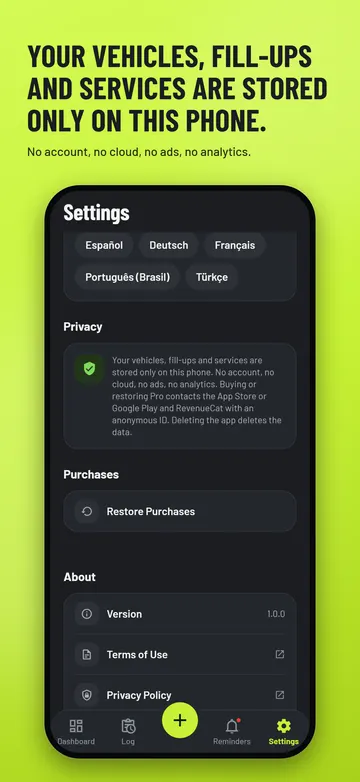 Settings with language and the on-phone privacy note