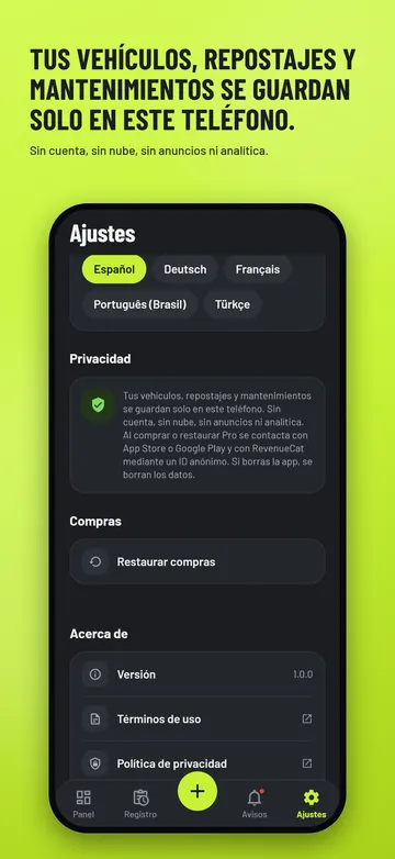EssMile: Ajustes y nota de privacidad