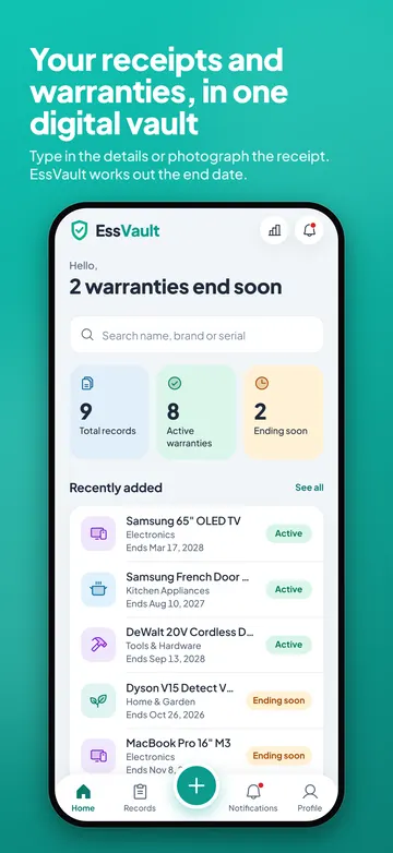 EssVault dashboard with total records, active warranties and warranties ending soon