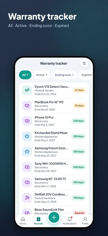 Warranty tracker list filtered by All, Active, Ending soon and Expired