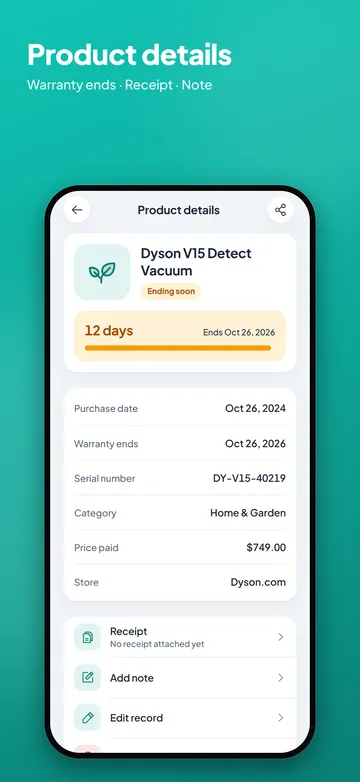 Product details with days of warranty left, purchase date and serial number