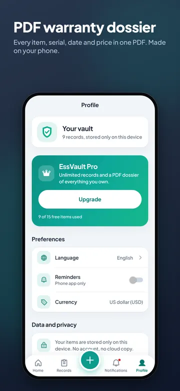 Profile with a vault summary, the EssVault Pro card and preferences