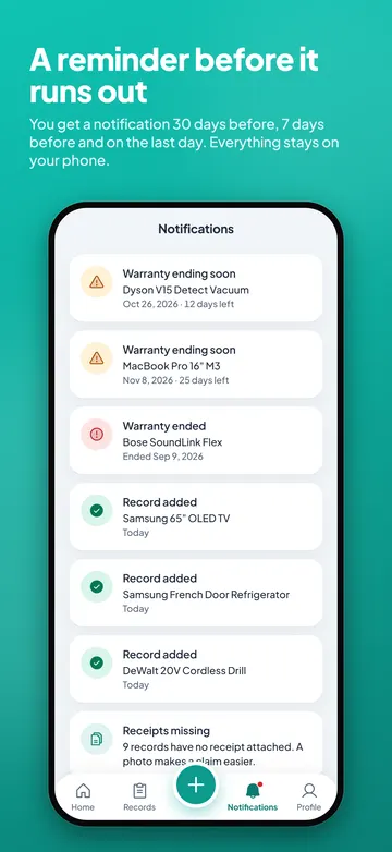 Notifications about warranties ending soon
