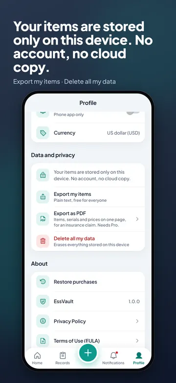 Profile screen: items stored only on this device, with export and delete