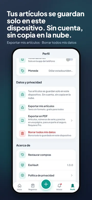 EssVault: Datos solo en este dispositivo