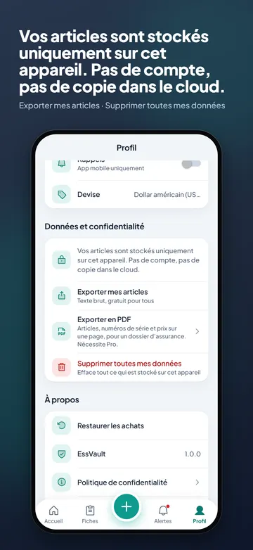 EssVault: Données sur cet appareil uniquement
